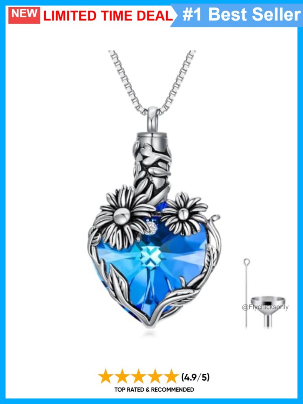 TOUPOP 925 Sterling Silver Sunflower Heart Urn Necklace for Ashes Crystal